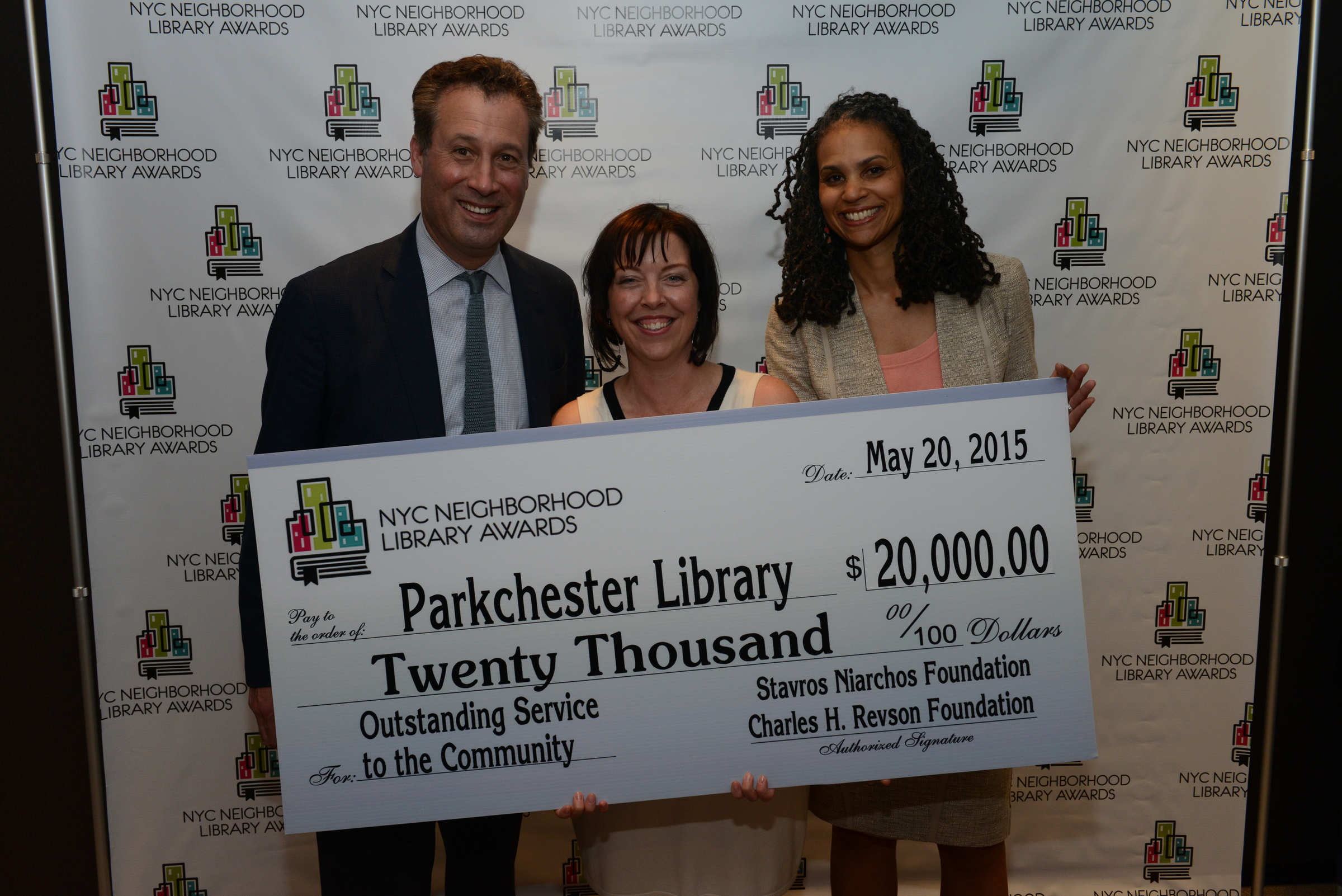 L to R: NYPL President Tony Marx, Parkchester Library Manager Wendy Archer, and Library Awards Judge Maya Wiley